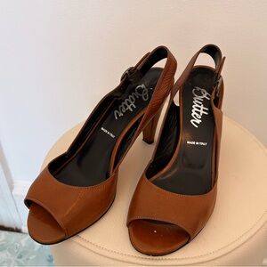 Butter Italy Cognac Leather Slingback Peep Toe Heels Size 8.5 Made in Italy